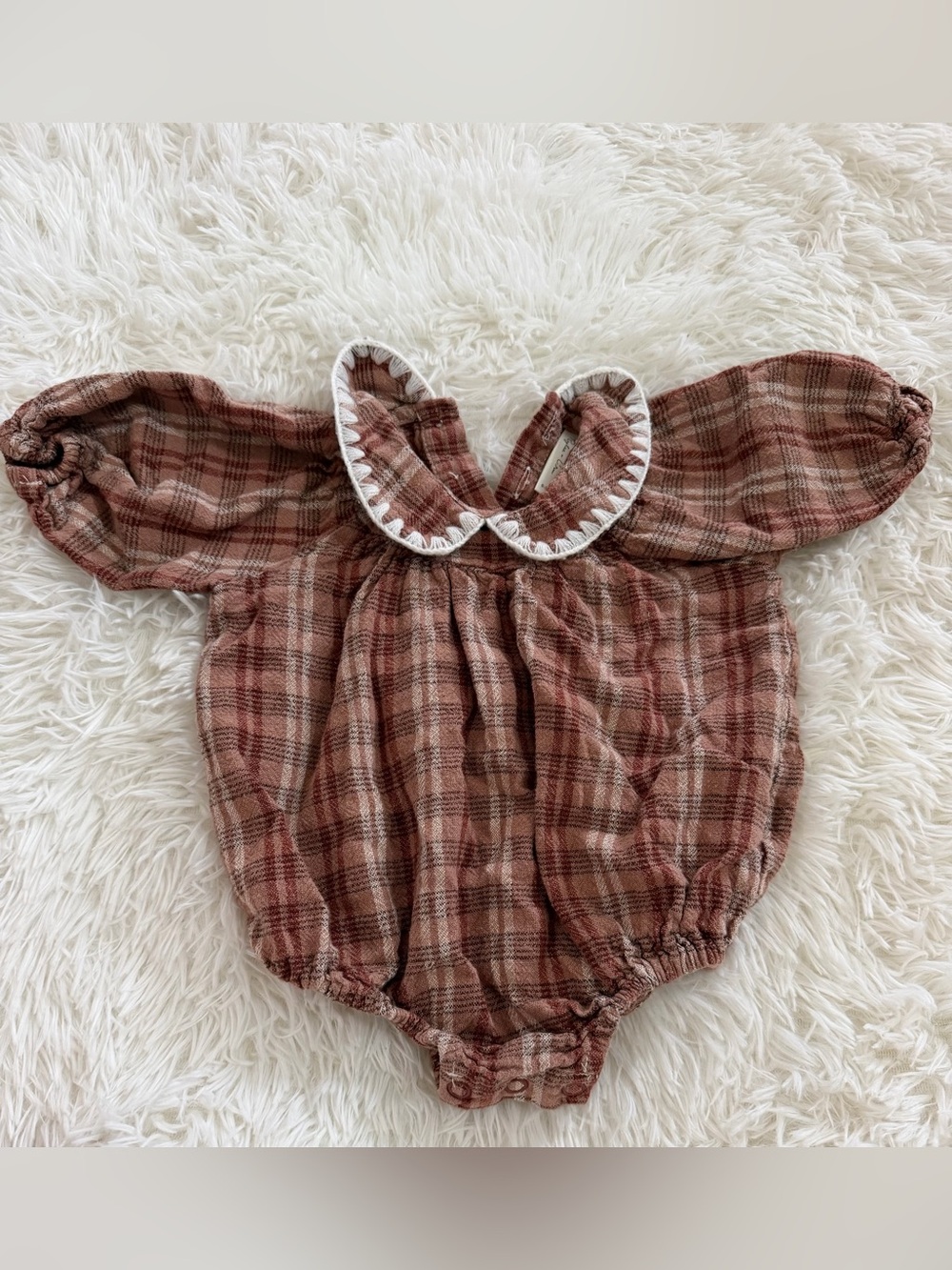 Rylee + Cru Rust Plaid Baby Bubble Romper with White Trim